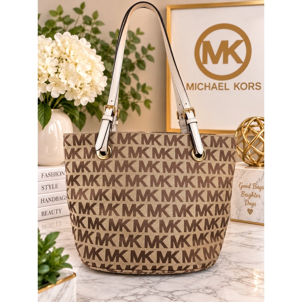 Michael Kors MK Signature Monogram Tote Bag Tan Brown Jacquard Gold Hardware